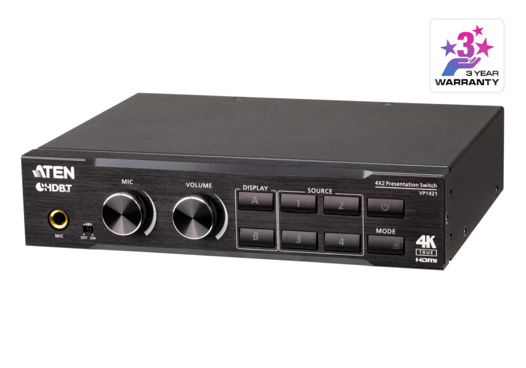 ATEN VP1421 - Matrycowy przełącznik prezentacyjny 4 x 2 True 4K ze skalerem, DSP i HDBaseT-Lite